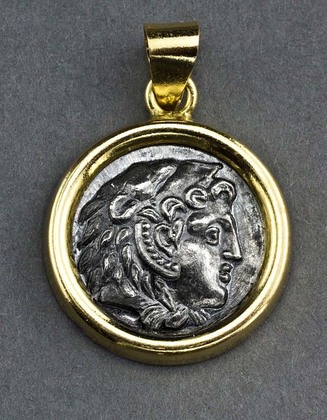 Alexander the Great Greek Silver Coin Pendant in 14 Carat Gold Bezel - Drachm, Amphipolis, 336-323 BC